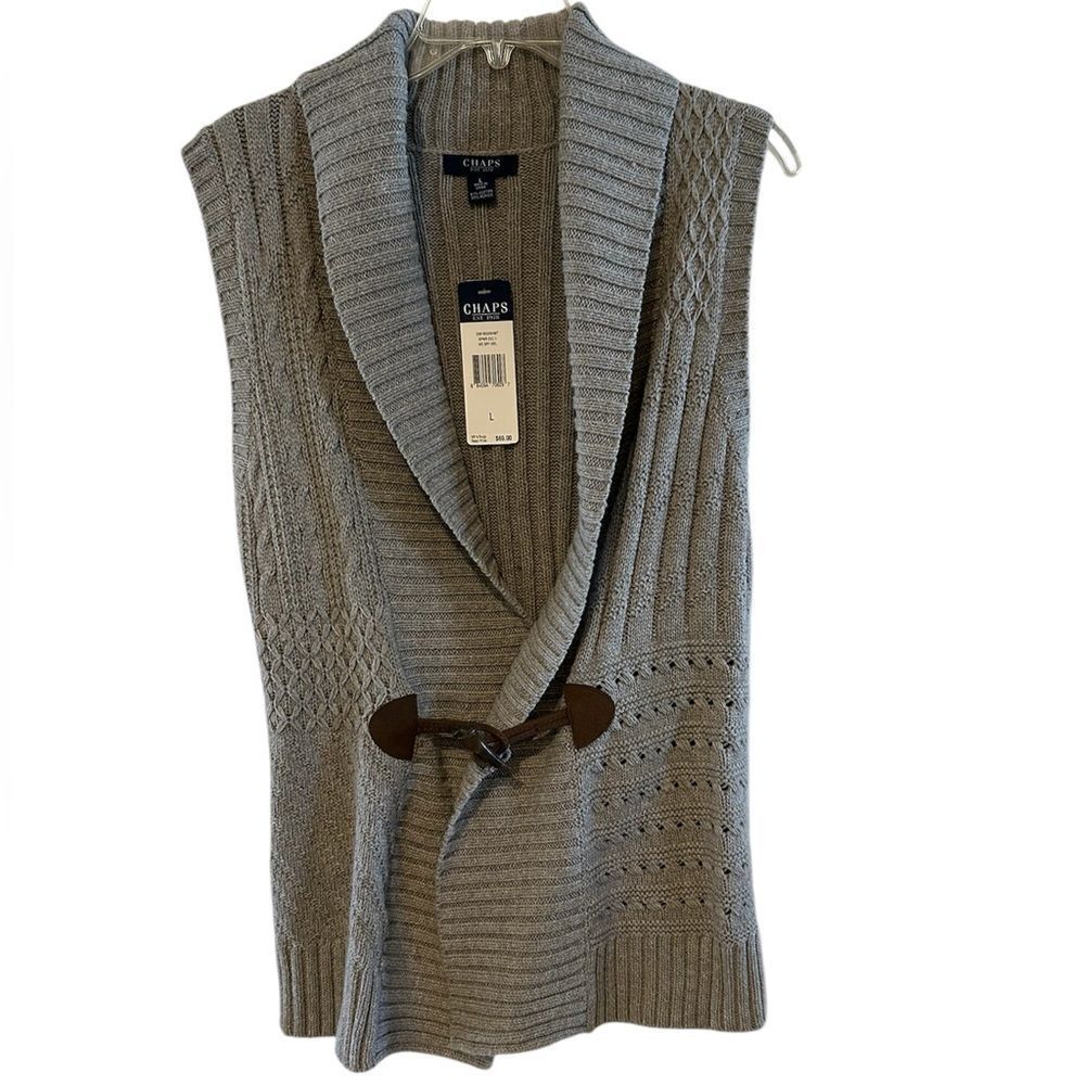 Chaps Gray Cable Knit Sweater Vest Shawl Collar Toggle Belt L NWT